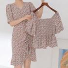 Floral Short-sleeve Blouse / Short-sleeve Drawstring-front Mini Sheath Dress