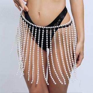 Faux Pearl Fringe Belt White - One Size