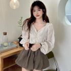 Puff-sleeve V-neck Ruched Cropped Blouse / Bloomers Shorts