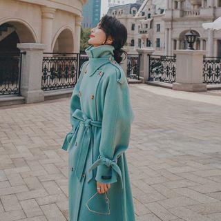 Stand-collar Double-breasted Wool Coat