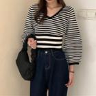 Puff-sleeve Striped Cropped Knit Top