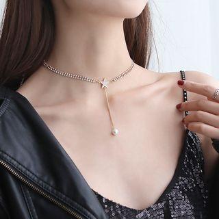 Rhinestone Star Faux Pearl Y Necklace Star & Faux Pearl - One Size
