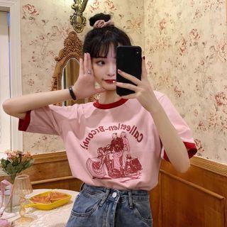 Short-sleeve Cartoon Print Contrast Trim T-shirt