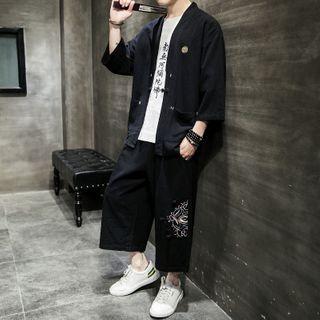 Set: Elbow-sleeve Embroidered Frog Buttoned Shirt + Cropped Wide Leg Pants
