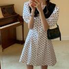 Short-sleeve Collared Dotted Mini A-line Dress