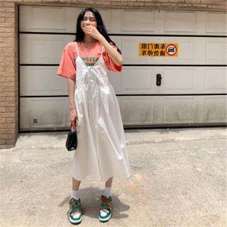 Short-sleeve Lettering T-shirt / Spaghetti Strap Plain Midi Dress