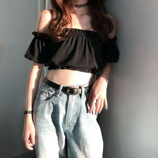 Ruffle Trim Off-shoulder Crop Top As Shown In Figure - One Size