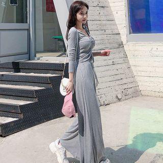 Set: Long-sleeve Drawcord Knit Top + Wide-leg Pants