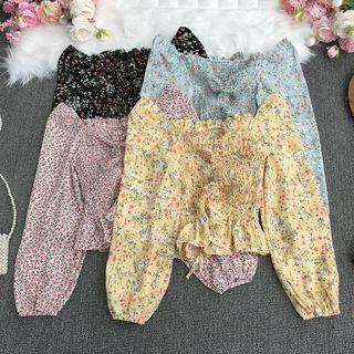Long-sleeve Floral Shirred Cropped Blouse