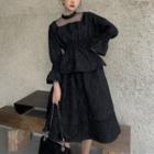 Lantern-sleeve Mesh Panel Blouse / Midi A-line Skirt