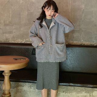 Single-breasted Furry Jacket / Glitter Long-sleeve Midi Dress