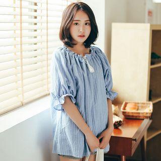 Elbow-sleeve Frilled Striped Blouse