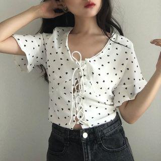 Heart Print Lace-up Short-sleeve Cropped Top