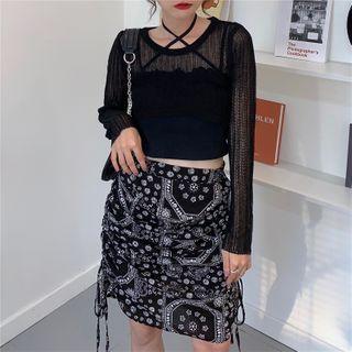 Plain Long-sleeve Knit Top Blouse / Camisole Top / Print Skirt