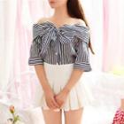 Off-shoulder Bow Accent Striped Blouse