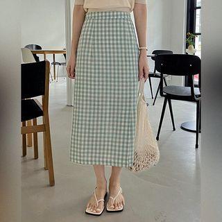 Band-waist Midi Gingham Skirt