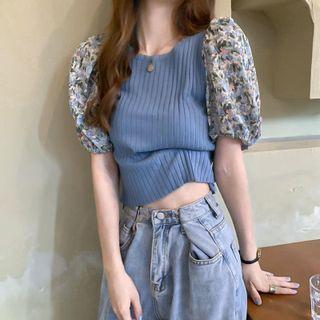 Puff-sleeve Floral Panel Knit Crop Top
