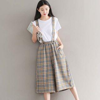Plaid Wide Leg Cropped Suspender Pants