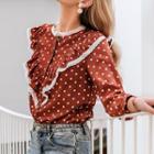 Long-sleeve Lace Trim Dotted Blouse