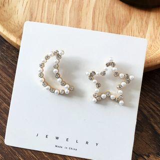 Star Faux Pearl Rhinestone Asymmetrical Earring 1 Pair - Stud Earring - Gold - One Size