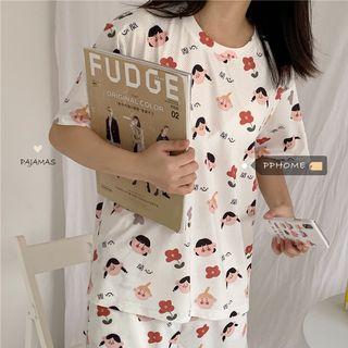 Set: Printed Short-sleeve T-shirt + Shorts As Shown In Figure - One Size