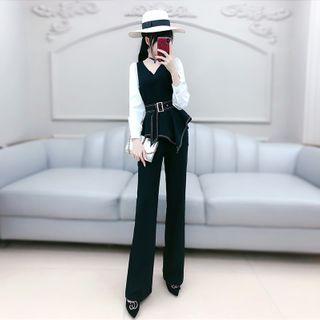 Set: Long-sleeve Buckled Blouse + Wide-leg Dress Pants