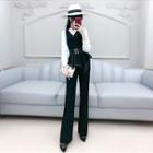 Set: Long-sleeve Buckled Blouse + Wide-leg Dress Pants