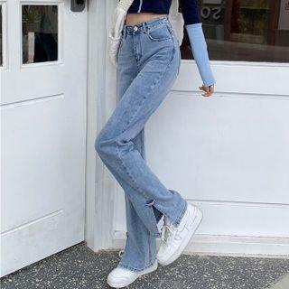 High-waist Straight Leg Side-slit Jeans