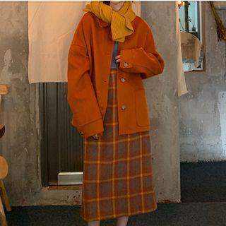 Buttoned Jacket / Plaid Midi A-line Skirt