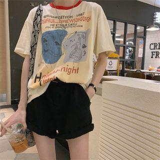 Short-sleeve Cartoon Print T-shirt Almond - One Size