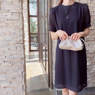Puff-sleeve Perforated Dress