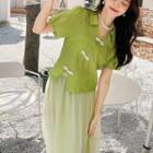 Set: Short-sleeve Frog-button Blouse + Mesh Midi A-line Skirt