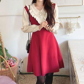 Inset Collared Top Frilled Flare Knit Dress