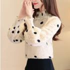 Long-sleeve Mock-neck Dotted Blouse