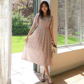 Tie-side Pleated Midi Floral Dress