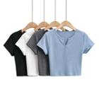 Short Sleeve V-neck Plain Ribbed-knit Crop Top