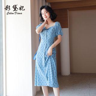 Dotted Short-sleeve Button-up Midi A-line Dress