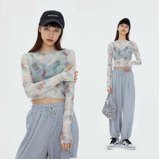 Long Sleeve Angel Print Mesh Crop Top