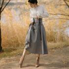 Set: Contrast Trim Knit Top + Lace-up Plaid Midi A-line Skirt