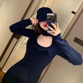 Cutout Turtle-neck Long-sleeve Slim-fit Knit Dress
