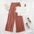 Set: Ruffled Trim Top + High-waist Wide-leg Pants