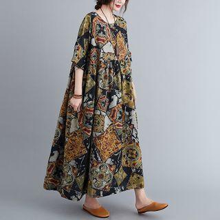 Short-sleeve Print Midi Dress Gray & Green - One Size