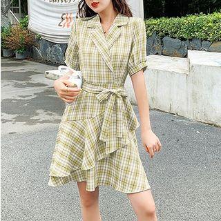 Plaid Tie Waist Short-sleeve A-line Dress