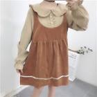 Mock Two Piece Long-sleeve A-line Dress Khaki & Brown - One Size