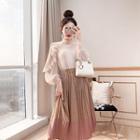 Set: Long-sleeve Chiffon Blouse + Midi A-line Pleated Skirt