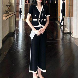 Set: Contrast Trim Short-sleeve Top + Crop Wide Leg Pants