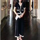 Set: Contrast Trim Short-sleeve Top + Crop Wide Leg Pants