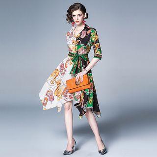 3/4-sleeve Asymmetric Printed A-line Dress