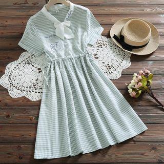 Bow-detail Plaid Short-sleeve Dress