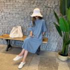 Mandarin-collar Boxy Denim Dress Light Blue - One Size
